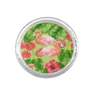 Flamingo birds and tropical plants ring