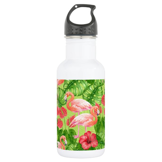 Flamingo birds and tropical plants stainless steel water bottle (Front)