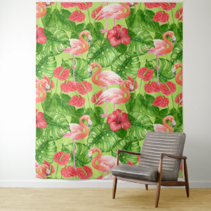 Flamingo birds and tropical plants tapestry