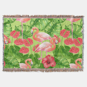 Flamingo birds and tropical plants throw blanket