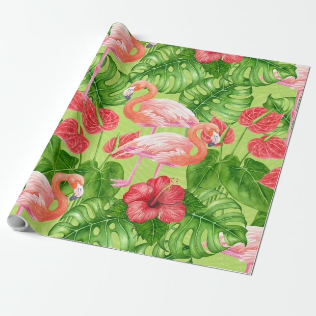 Flamingo birds and tropical plants wrapping paper (Unrolled)
