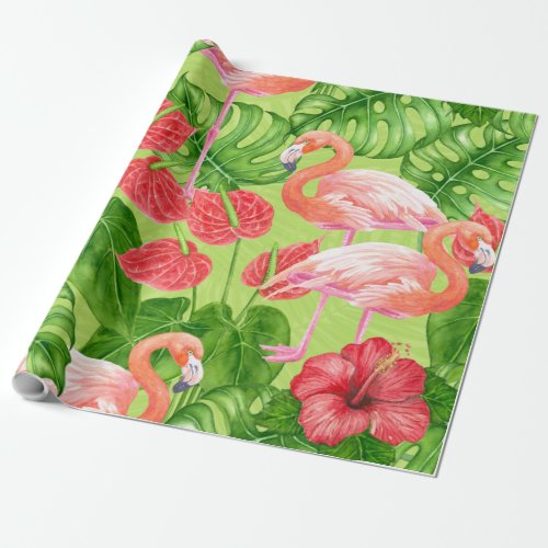 Flamingo birds and tropical plants wrapping paper