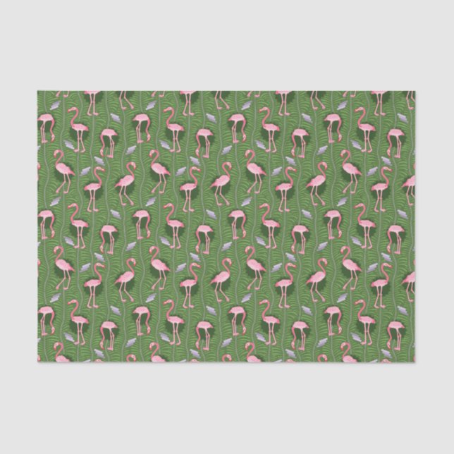 Flamingo Birds Pattern 20s Deco Ferns Pretty Green Tissue Paper (Front)