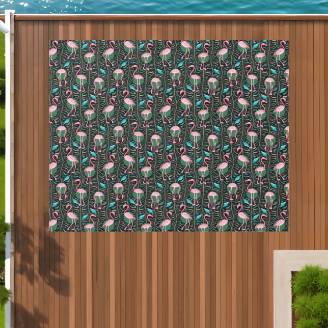 Flamingo Birds Pattern Art Deco Ferns Pink Black Outdoor Rug (Insitu (Outdoor 1))