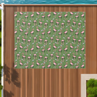 Flamingo Birds Pattern Art Deco Ferns Pretty Green Outdoor Rug