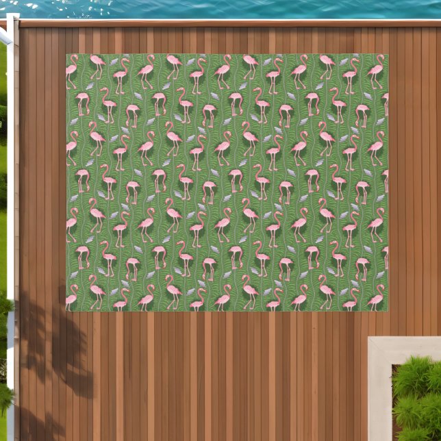 Flamingo Birds Pattern Art Deco Ferns Pretty Green Outdoor Rug (Insitu (Outdoor 1))