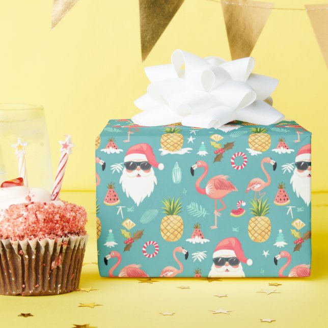 Flamingo Birds Santa Claus Christmas in July Party Wrapping Paper (Birthday Party)