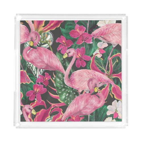 Flamingo Birds Tropical Watercolor Pattern Acrylic Tray
