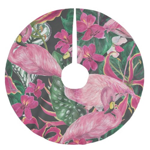Flamingo Birds Tropical Watercolor Pattern Brushed Polyester Tree Skirt