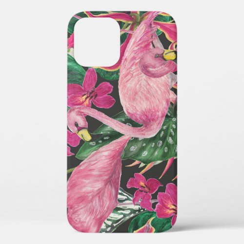 Flamingo Birds Tropical Watercolor Pattern iPhone 12 Case