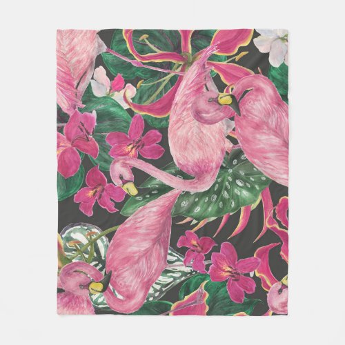 Flamingo Birds Tropical Watercolor Pattern Fleece Blanket