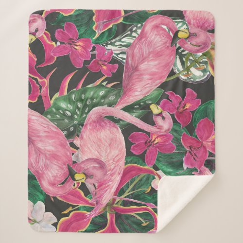 Flamingo Birds Tropical Watercolor Pattern Sherpa Blanket