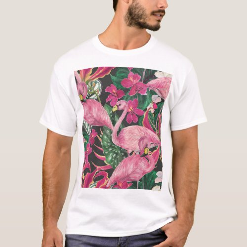 Flamingo Birds Tropical Watercolor Pattern T_Shirt