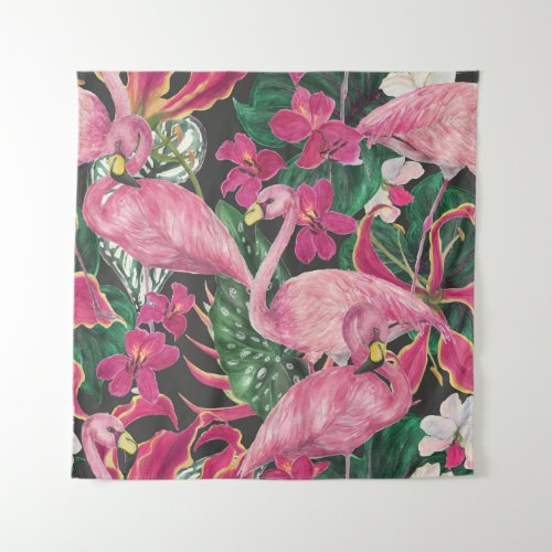 Flamingo Birds Tropical Watercolor Pattern Tapestry
