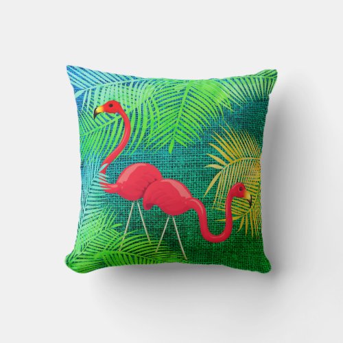 Flamingo  Birds with Tropical Palm Leaves Throw Pillow