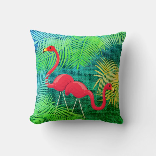 Flamingo 🦩 Birds with Tropical Palm Leaves Throw Pillow (Front)