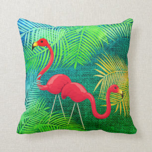 Flamingo 🦩 Birds with Tropical Palm Leaves Throw Pillow