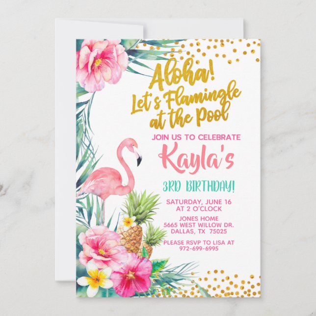 Flamingo Birthday Invitation - at the Pool (Front)