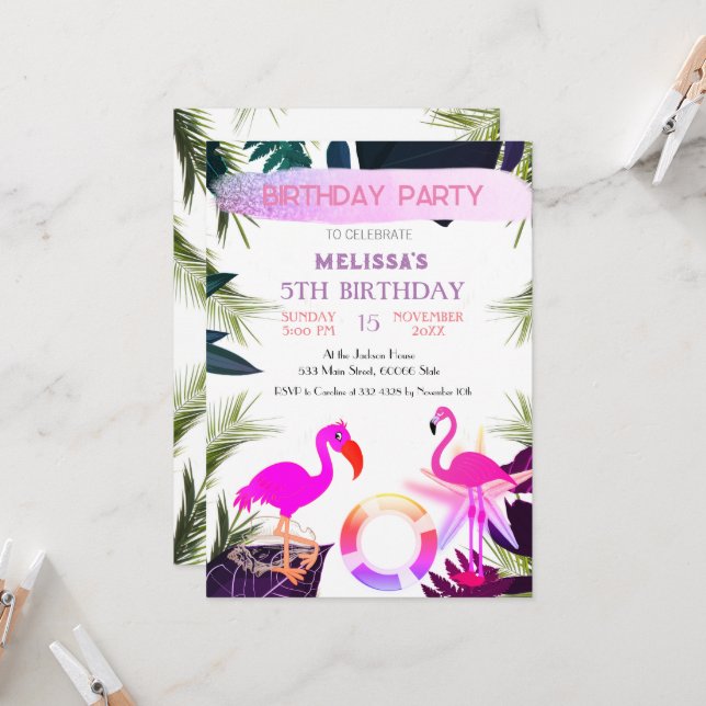 Flamingo Birthday Invitation, cute Invitation (Front/Back In Situ)