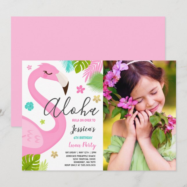 Flamingo Birthday Invitation Hawaiian Luau Party (Front/Back)