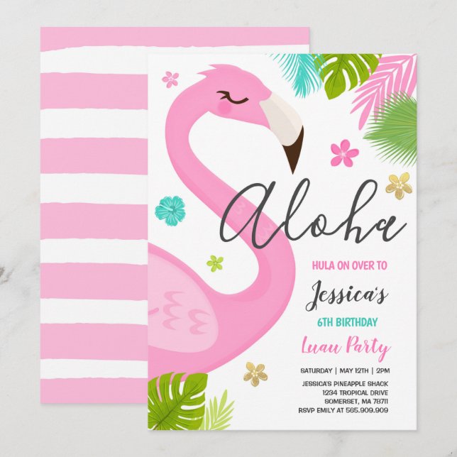Flamingo Birthday Invitation Hawaiian Luau Party (Front/Back)