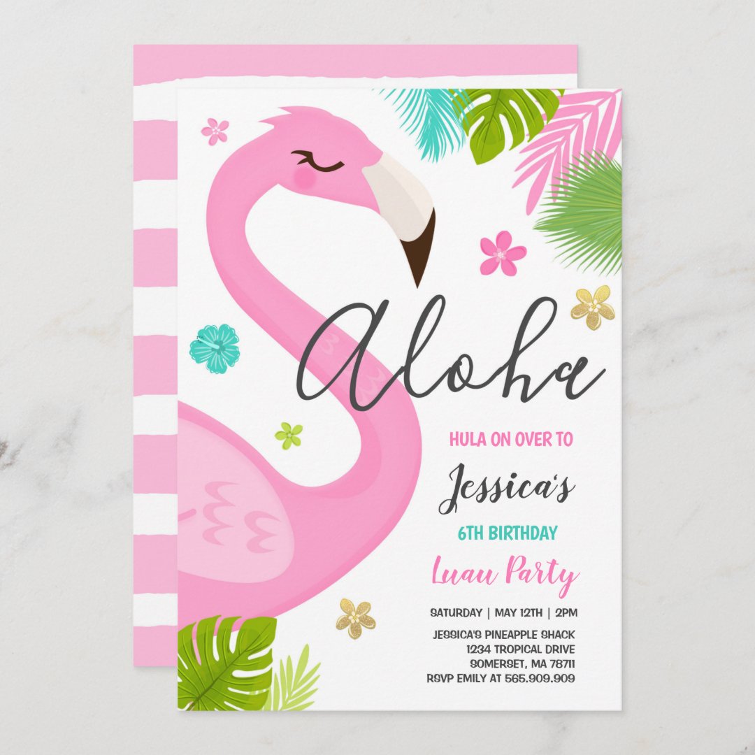 Flamingo Birthday Invitation Hawaiian Luau Party | Zazzle