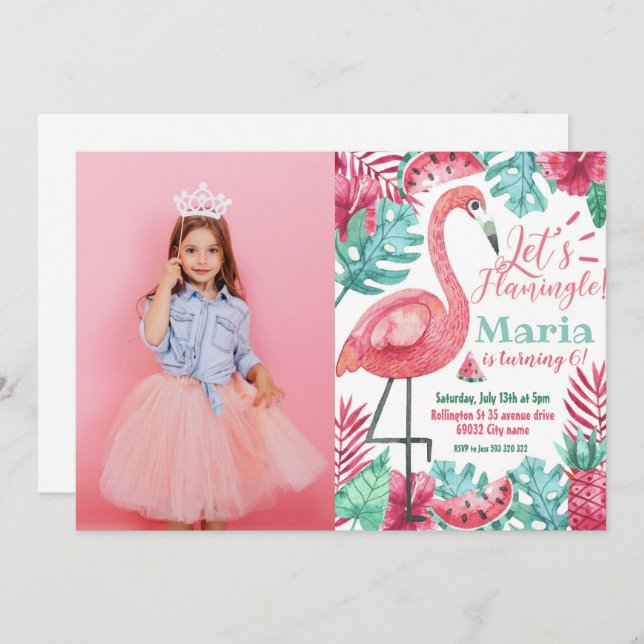 Flamingo Birthday invitation Photo Flamingo  (Front/Back)