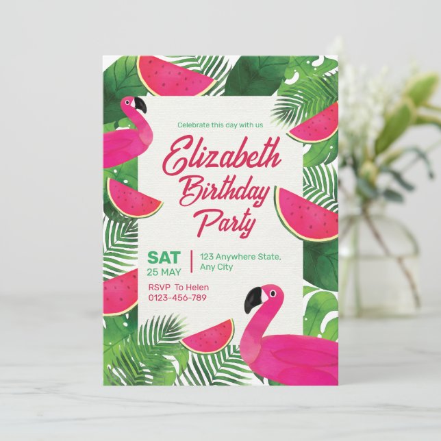 Flamingo Birthday Invitation, Pool Party birthday Invitation (Standing Front)