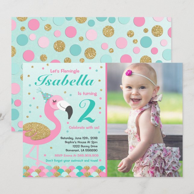 Flamingo Birthday Invitation Topical Pool Party (Front/Back)