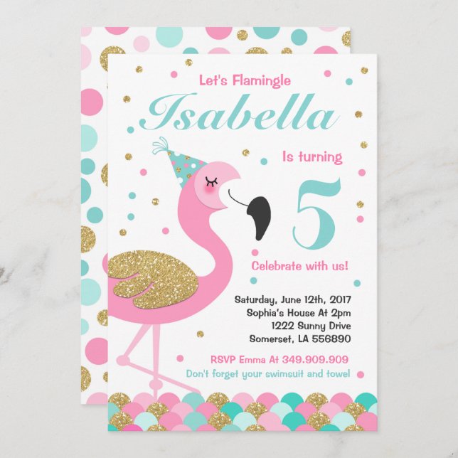 Flamingo Birthday Invitation Topical Pool Party (Front/Back)