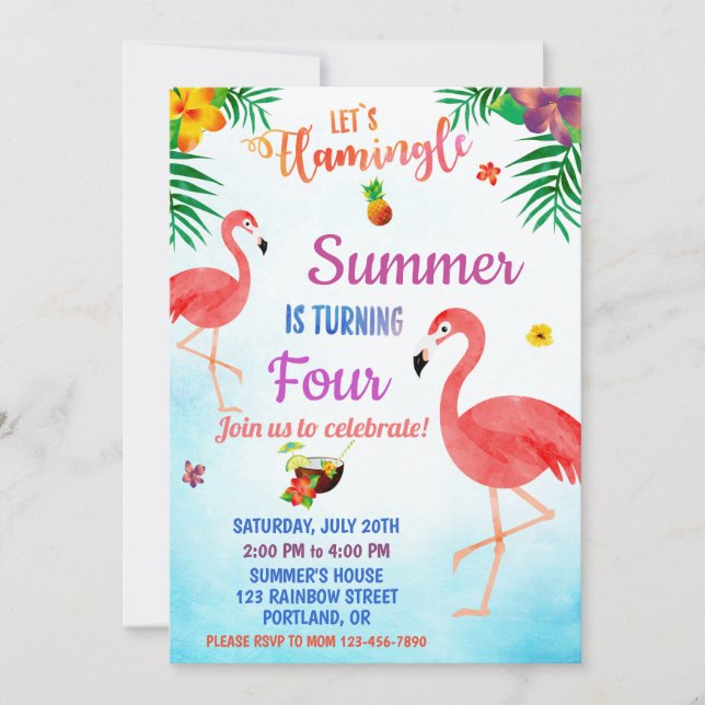Flamingo birthday invitation Tropical luau invite (Front)
