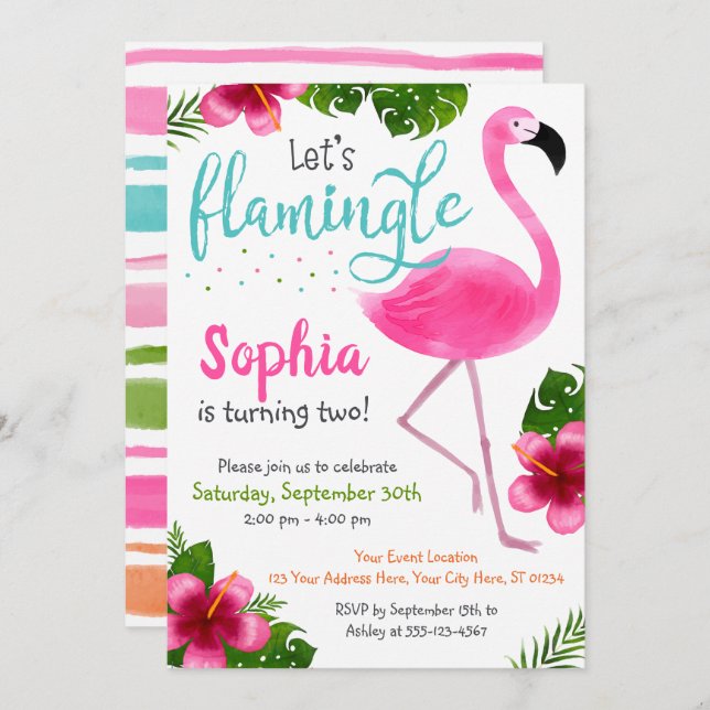 Flamingo Birthday Invitation Tropical Summer Girl (Front/Back)