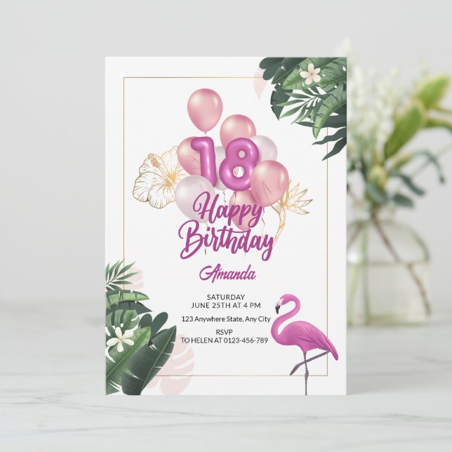 Flamingo Birthday Party Invitation, 18th Birthday  Invitation (Standing Front)