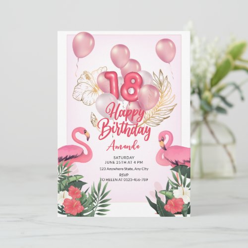 Flamingo Birthday Party Invitation 18th Birthday  Invitation
