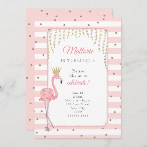 Flamingo birthday party invitation pink gold invitation