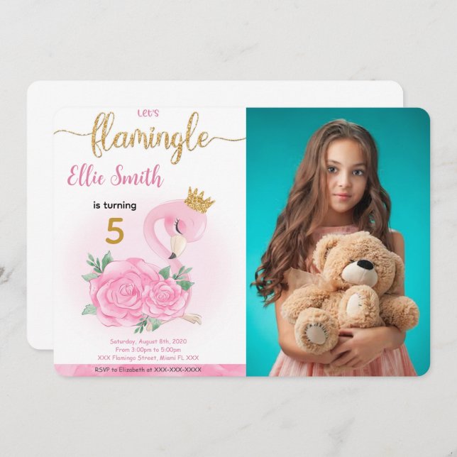 Flamingo Birthday Photo Invitation (Front/Back)