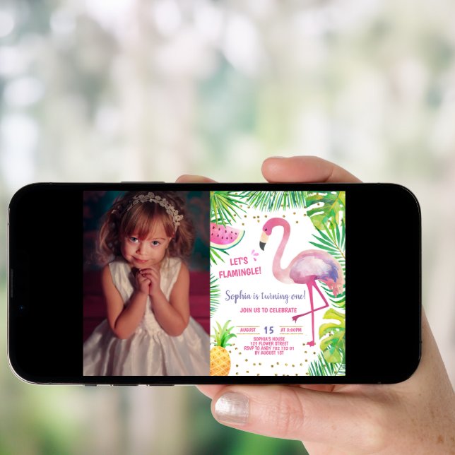 Flamingo Birthday Pool Party Tropical Girl Photo Invitation (Front Digital)