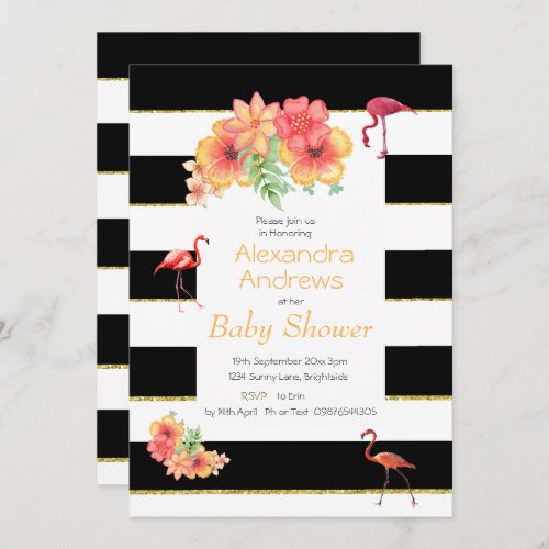 Flamingo Black Stripe Tropical Floral Baby Shower Invitation