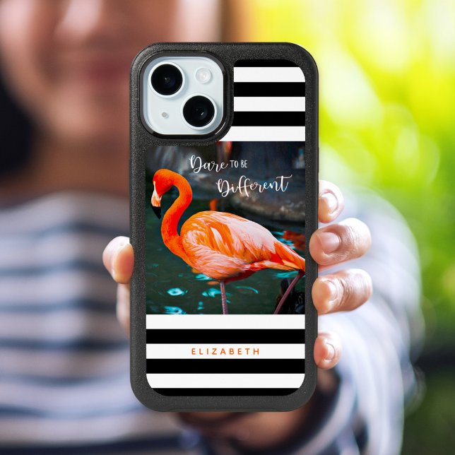 Flamingo Black White Stripes Dare To Be Different iPhone 15 Case (Creator Uploaded)