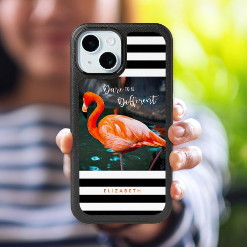 Flamingo Black White Stripes Dare To Be Different iPhone 15 Case