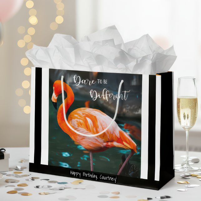 Flamingo Black White Stripes Modern Script Name Large Gift Bag (Creator Uploaded)