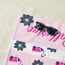 Flamingo & blue flower pattern white pink stripes
