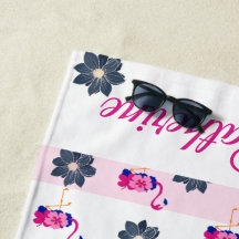 Flamingo & blue flower pattern white pink stripes