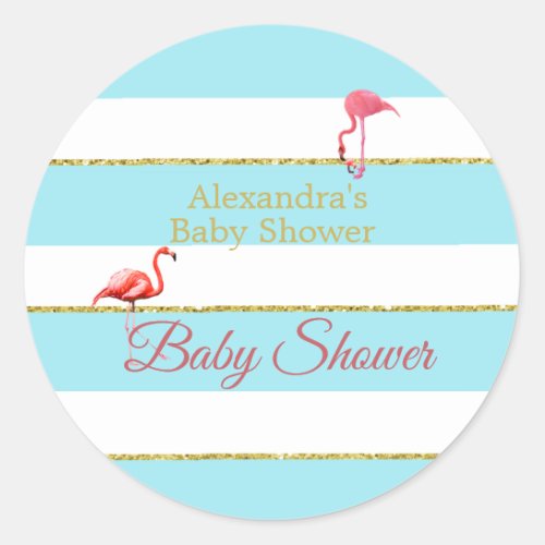 Flamingo Blue Gold Stripe Baby Shower Classic Round Sticker