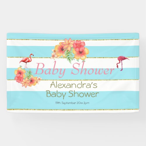 Flamingo Blue  Stripe Floral Baby Shower Banner