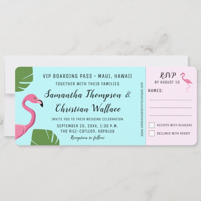 Flamingo Boarding Pass  RSVP ticket Destination Invitation (Front)