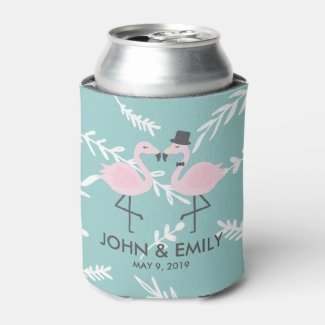 Flamingo Bride and Groom Personalized Can Cooler