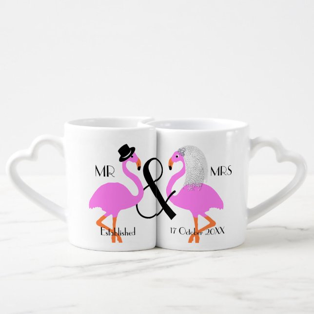 Flamingo Bride Groom Personalized Wedding Gift Coffee Mug Set (Back Nesting)