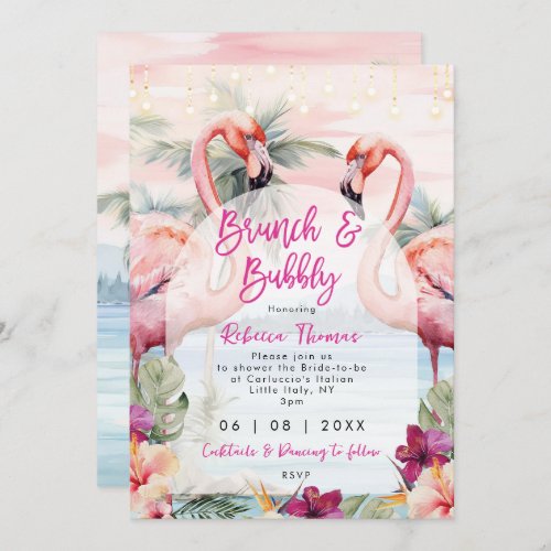 flamingo brunch bubbly bridal shower invitation