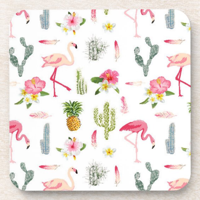 Flamingo Cactus Pineapple Hibiscus Pattern Beverage Coaster (Front)
